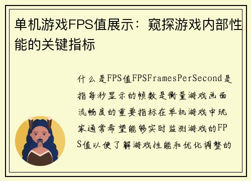单机游戏FPS值展示：窥探游戏内部性能的关键指标